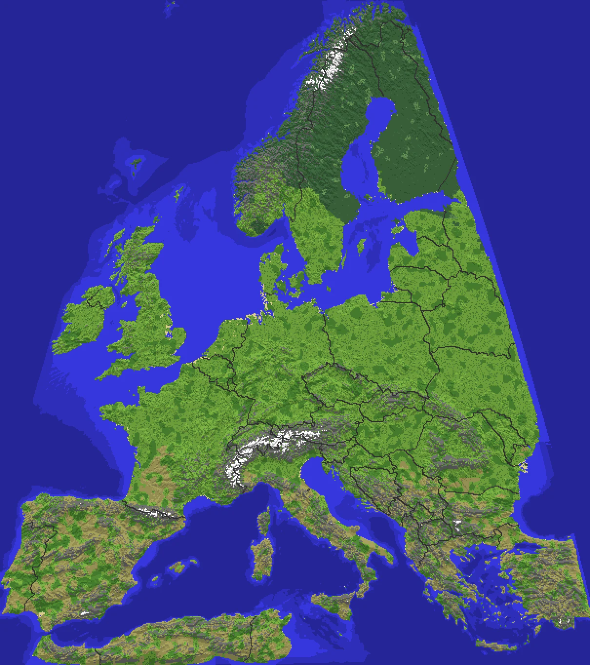 La carte de l'Europe de Conquest, vue comme sur la carte du jeu : relief, forêts, Alpes enneigées et frontières